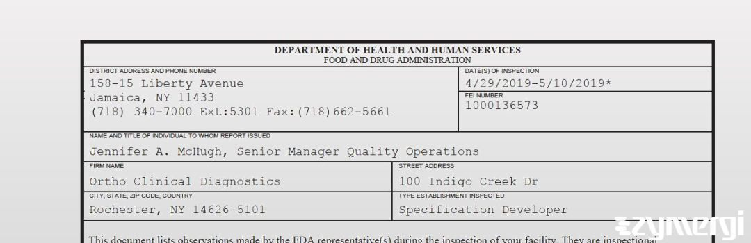 FDANews 483 ORTHO-CLINICAL DIAGNOSTICS May 10 2019 top