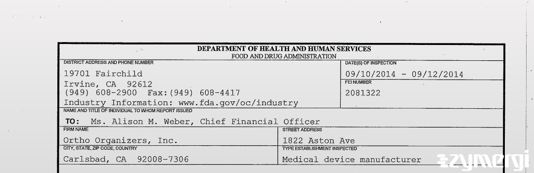 FDANews 483 Ortho Organizers, Inc. Sep 12 2014 top