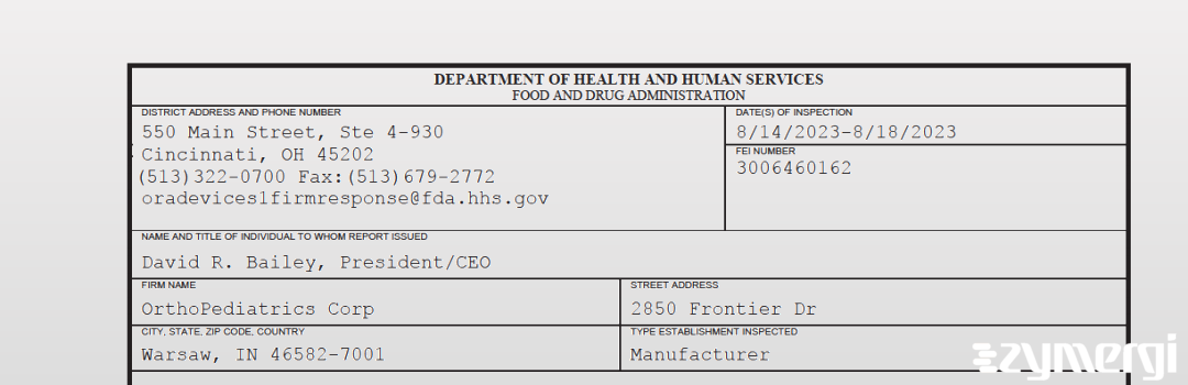 FDANews 483 OrthoPediatrics Corp Aug 18 2023 top