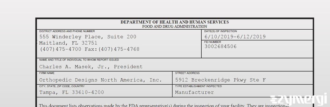 FDANews 483 Orthopedic Designs North America, Inc. Jun 12 2019 top