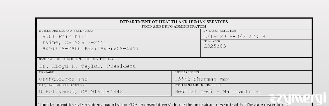 FDANews 483 OrthoSource Inc Mar 21 2019 top