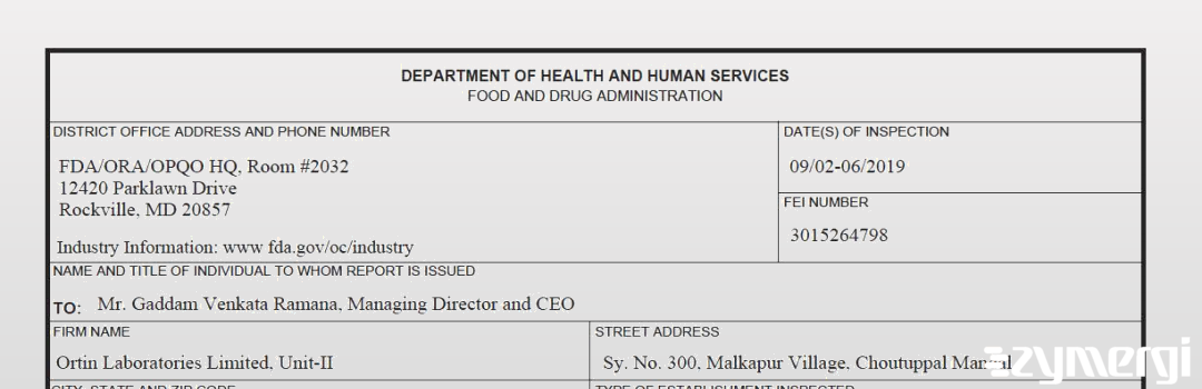 FDANews 483 Ortin Laboratories Ltd Unit II Sep 6 2019 top