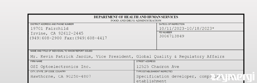 FDANews 483 OSI Optoelectronics Inc. Oct 18 2023 top