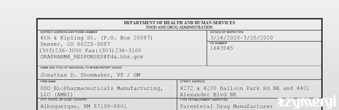 FDANews 483 OSO BioPharmaceuticals Manufacturing, LLC (AMRI) Mar 20 2020 top