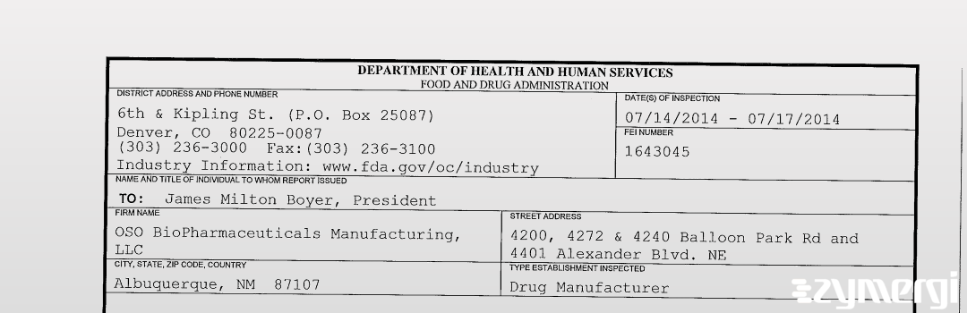 FDANews 483 OSO BioPharmaceuticals Manufacturing, LLC Jul 17 2014 top