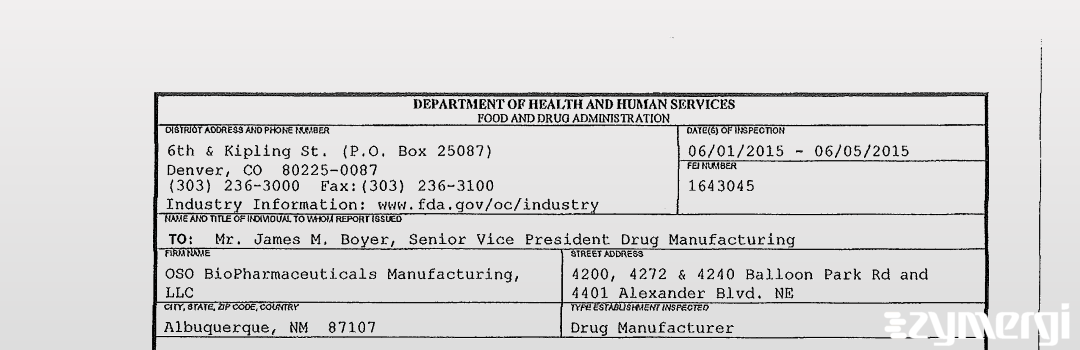 FDANews 483 OSO BioPharmaceuticals Manufacturing, LLC Jun 5 2015 top