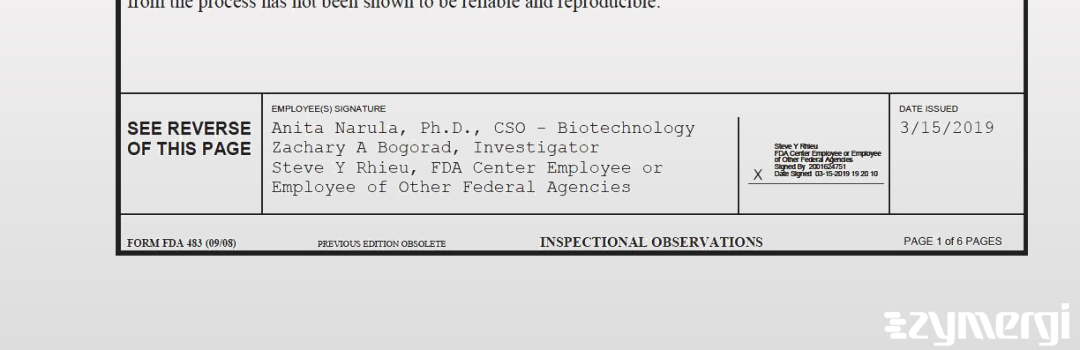 Zachary A. Bogorad FDA Investigator Anita Narula FDA Investigator Steve Y. Rhieu FDA Investigator 