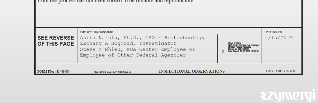 Zachary A. Bogorad FDA Investigator Anita Narula FDA Investigator Steve Y. Rhieu FDA Investigator