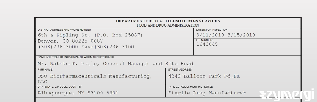 FDANews 483 OSO BioPharmaceuticals Manufacturing, LLC Mar 15 2019 top