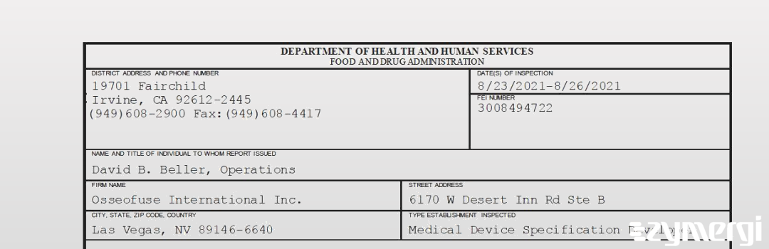 FDANews 483 Osseofuse International Inc. Aug 26 2021 top