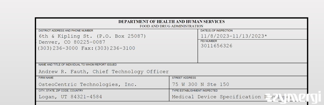 FDANews 483 OsteoCentric Technologies, Inc Nov 13 2023 top