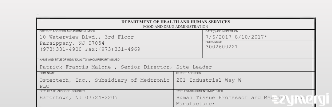 FDANews 483 Osteotech, Inc., Subsidiary of Medtronic PLC Aug 10 2017 top