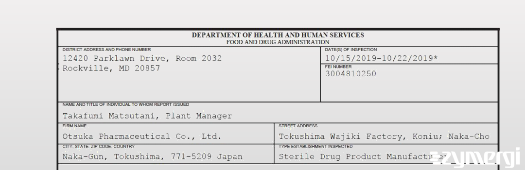 FDANews 483 Otsuka Pharmaceutical Co. Ltd. Oct 22 2019 top