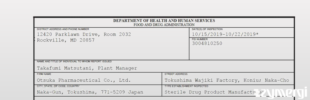 FDANews 483 Otsuka Pharmaceutical Co. Ltd. Oct 22 2019 top