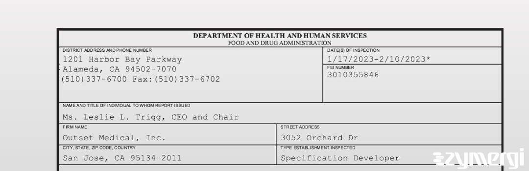 FDANews 483 Outset Medical, Inc. Feb 10 2023 top