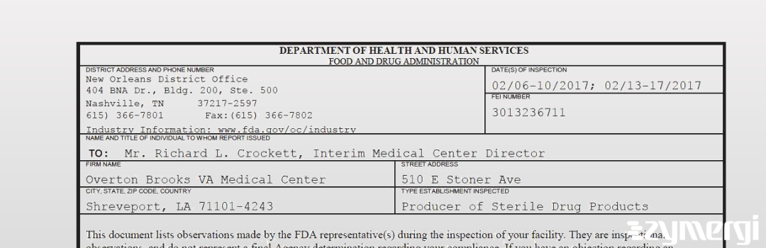 FDANews 483 Overton Brooks VA Medical Center Feb 17 2017 top