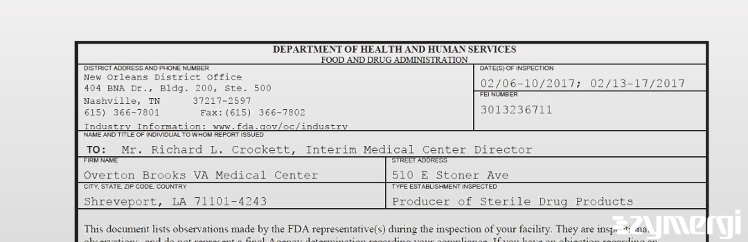 FDANews 483 Overton Brooks VA Medical Center Feb 17 2017 top