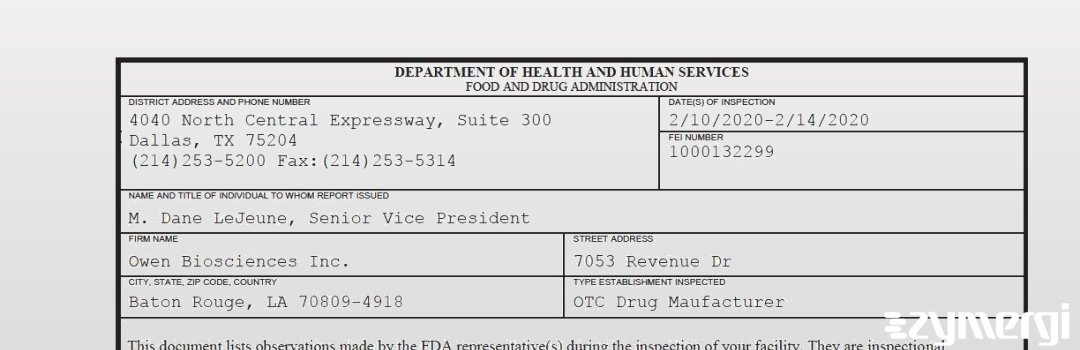 FDANews 483 Owen Biosciences Inc. Feb 14 2020 top