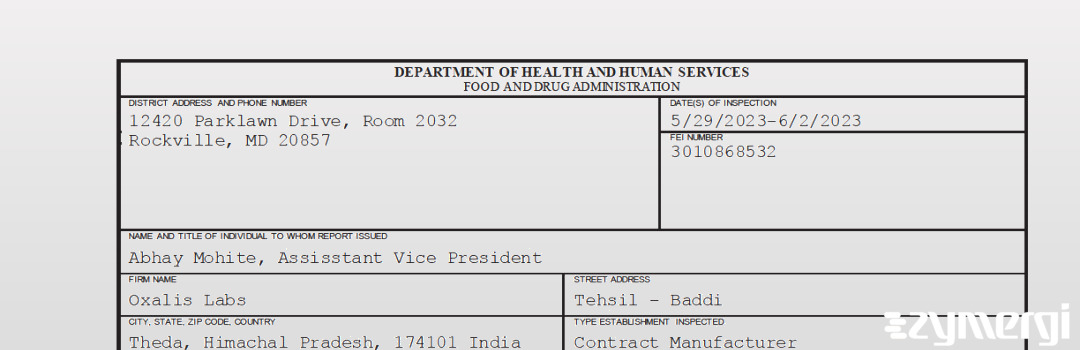FDANews 483 Oxalis Labs Jun 2 2023 top