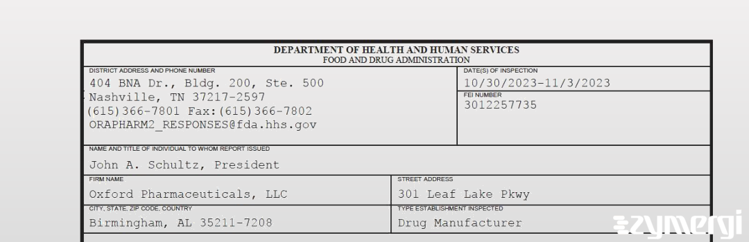 FDANews 483 Oxford Pharmaceuticals, LLC Nov 3 2023 top