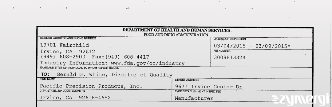 FDANews 483 Pacific Precision Products, Inc. Mar 9 2015 top