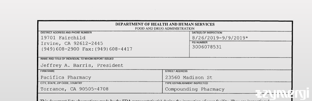 FDANews 483 Pacifica Pharmacy Sep 9 2019 top