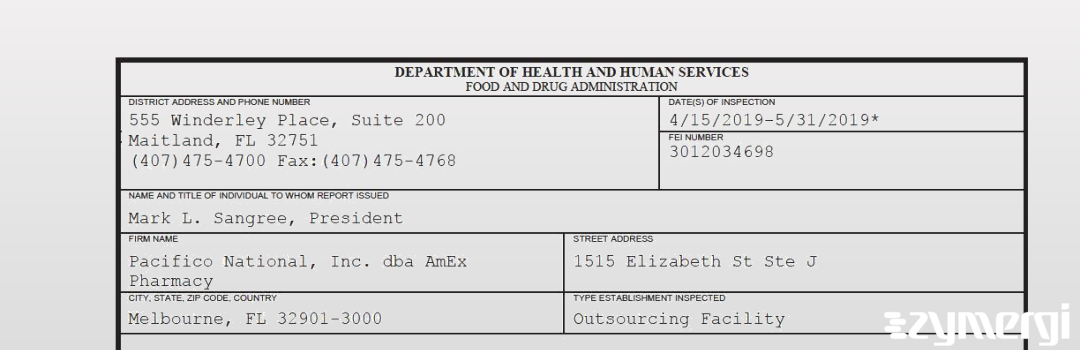 FDANews 483 Pacifico National, Inc. dba AmEx Pharmacy May 31 2019 top