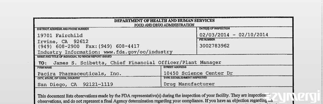 FDANews 483 Pacira Pharmaceuticals, Inc. Feb 10 2014 top