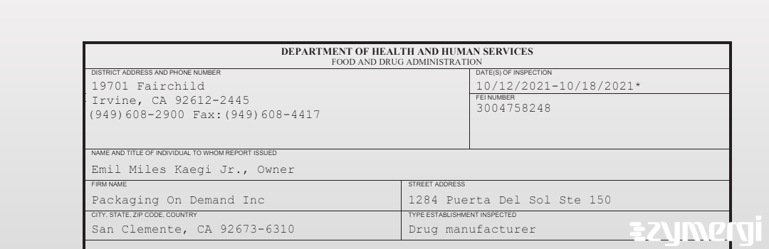 FDANews 483 Packaging On Demand, Inc. Oct 18 2021 top