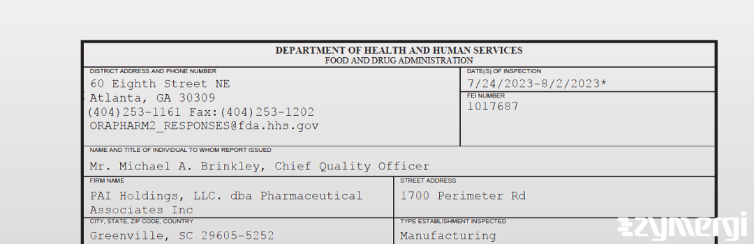 FDANews 483 PAI Holdings, LLC. dba Pharmaceutical Associates Inc Aug 2 2023 top