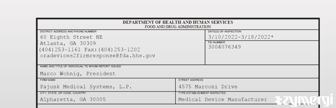 FDANews 483 Pajunk Medical Systems, L.P. Mar 18 2022 top