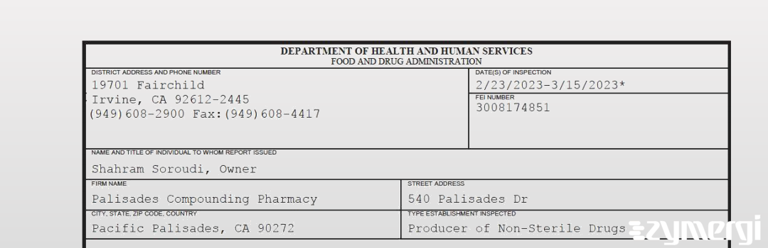 FDANews 483 Palisades Compounding Pharmacy Mar 15 2023 top