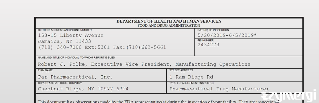 FDANews 483 Par Pharmaceutical Inc. Jun 5 2019 top