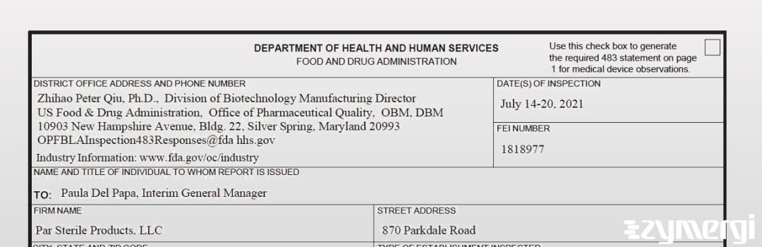 FDANews 483 Par Sterile Products LLC Jul 20 2021 top