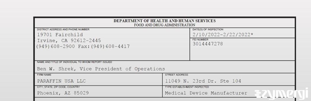 FDANews 483 PARAFFIN USA LLC Feb 22 2022 top