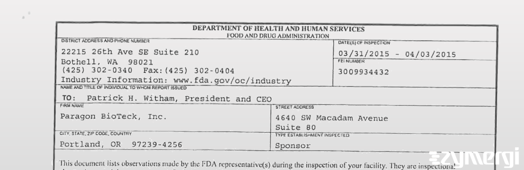 FDANews 483 Paragon BioTeck Inc Apr 3 2015 top