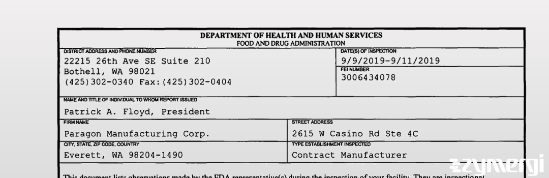 FDANews 483 Paragon Manufacturing Corp. Sep 11 2019 top