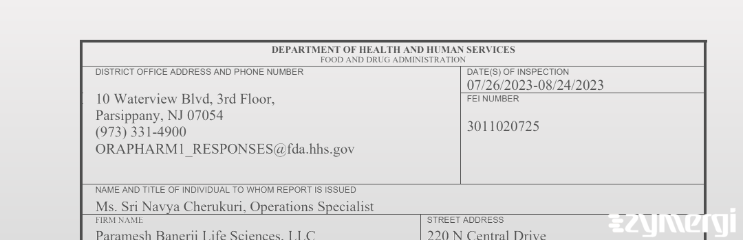 FDANews 483 Paramesh Banerji Life Sciences, LLC Aug 24 2023 top