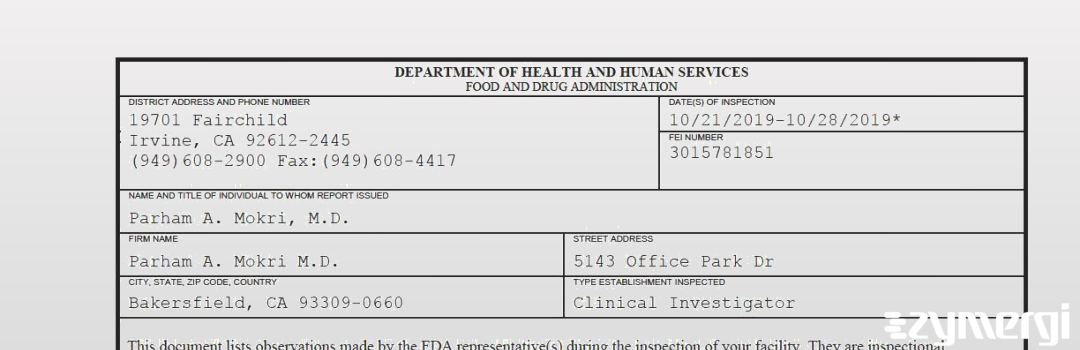 FDANews 483 Parham A. Mokri M.D. Oct 28 2019 top