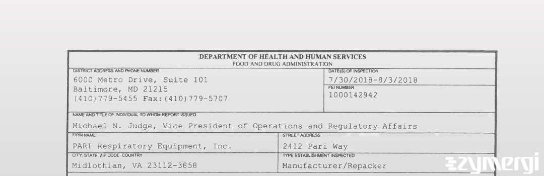 FDANews 483 PARI Respiratory Equipment, Inc Aug 3 2018 top