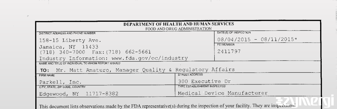 FDANews 483 Parkell, Inc. Aug 11 2015 top