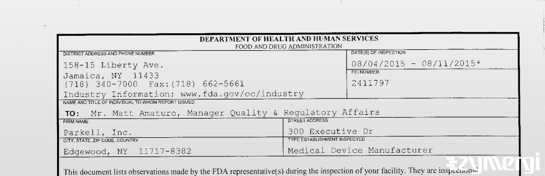 FDANews 483 Parkell, Inc. Aug 11 2015 top