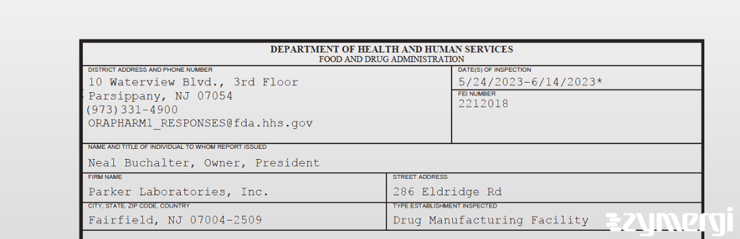 FDANews 483 Parker Laboratories, Inc. Jun 14 2023 top