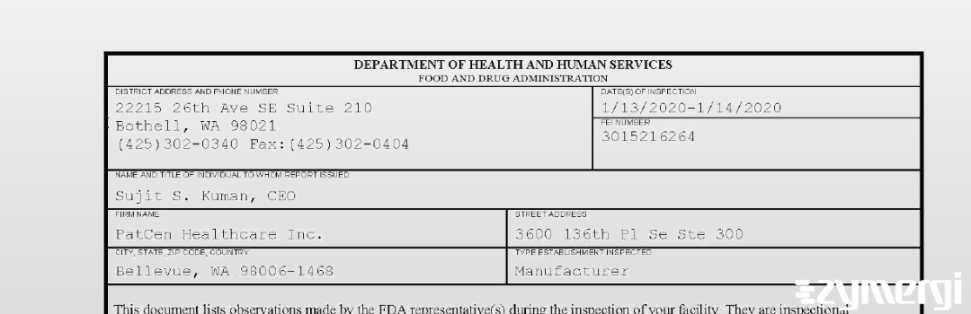 FDANews 483 PatCen Healthcare Inc. Jan 14 2020 top