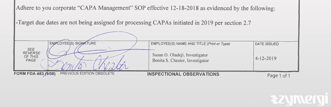 Susan O. Oladeji FDA Investigator Bonita S. Chester FDA Investigator 