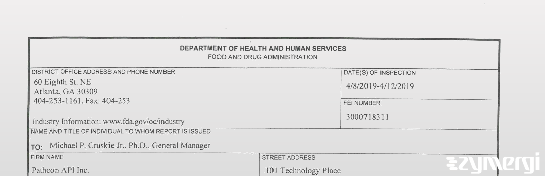 FDANews 483 Patheon API Services Apr 12 2019 top