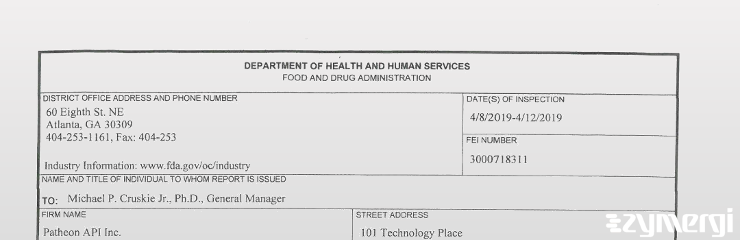 FDANews 483 Patheon API Services Apr 12 2019 top