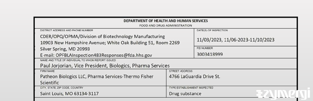 FDANews 483 Patheon Biologics LLC Dec 8 2023 top