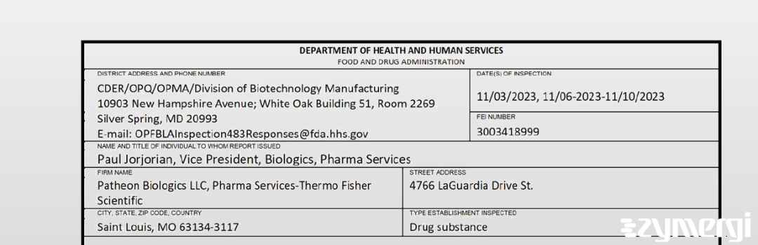 FDANews 483 Patheon Biologics LLC Nov 10 2023 top