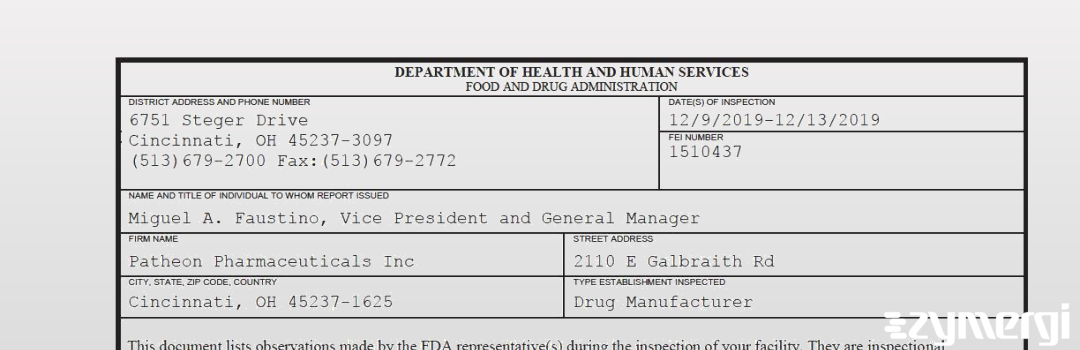 FDANews 483 Patheon Pharmaceuticals Inc. Dec 13 2019 top